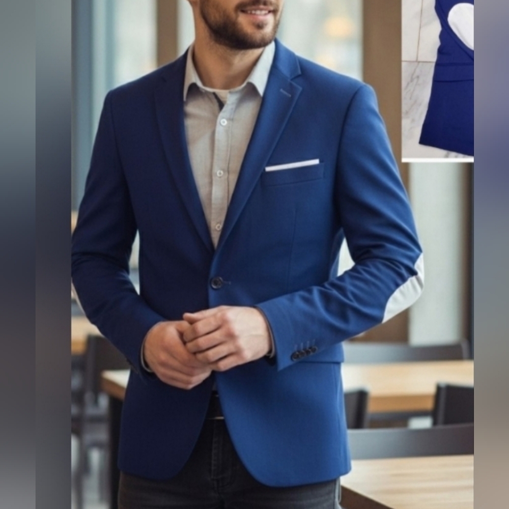 Zara Blue Men's Blazer With Elbow Patches - Picture 2 of 7